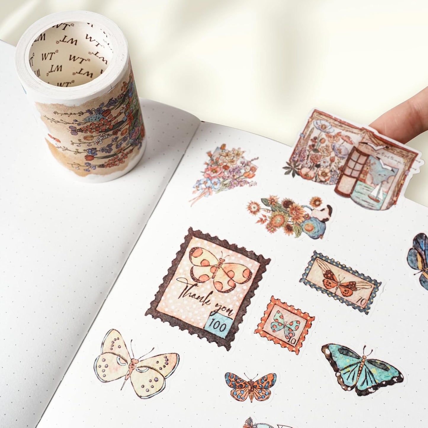 WT Stamped Wings Washi Tape Sticker Set – 3 Rolls Decorative Butterfly & Wing Washi Sticker Tape, Wide Vintage Adhesive Tape for Journaling, Scrapbooking, Planner, DIY Crafts & Wrapping
