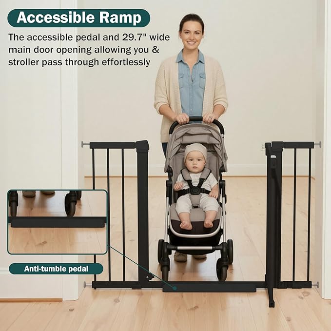 Mumeasy 36" Extra Tall Dog Gate, Auto Close Baby Gate for Stairs Doorways, 29.7-46" Wide Walk Thru Child Safety Gate for House, Easy Install Pressure Mounted Metal Pet Gate with Door, Black