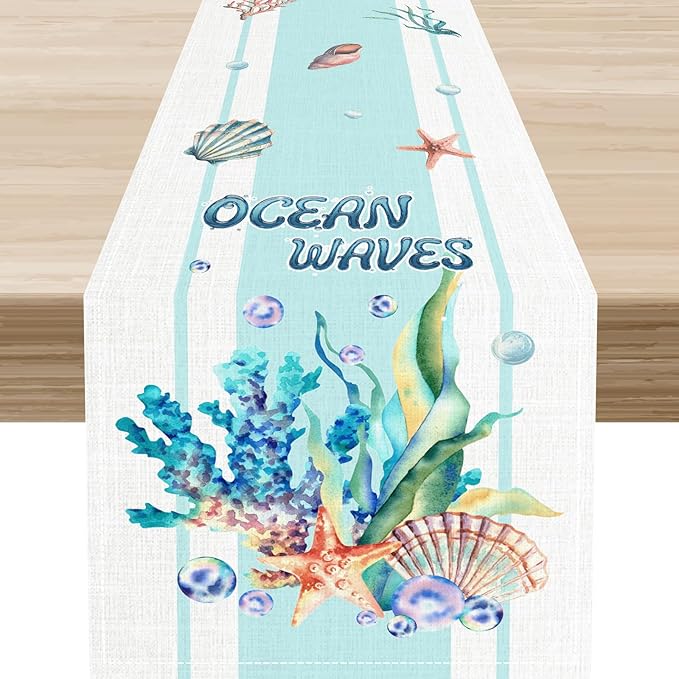 Nautical Coastal Table Runners, Blue Starfish Seashell Coral Summer Watercolor Undersea Ocean Waves Beach Table Center Decor for Holiday Party Kitchen Outdoor Farmhouse Table Decorations, 13" X 72"