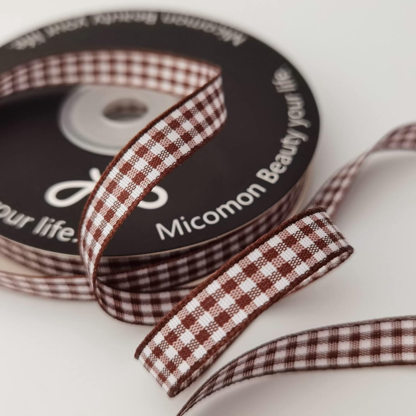 Brown Gingham Ribbon 25 Yards Christmas Ribbon for Crafts Plaid Checked Ribbon 100% Polyester (3/8", Brown)
