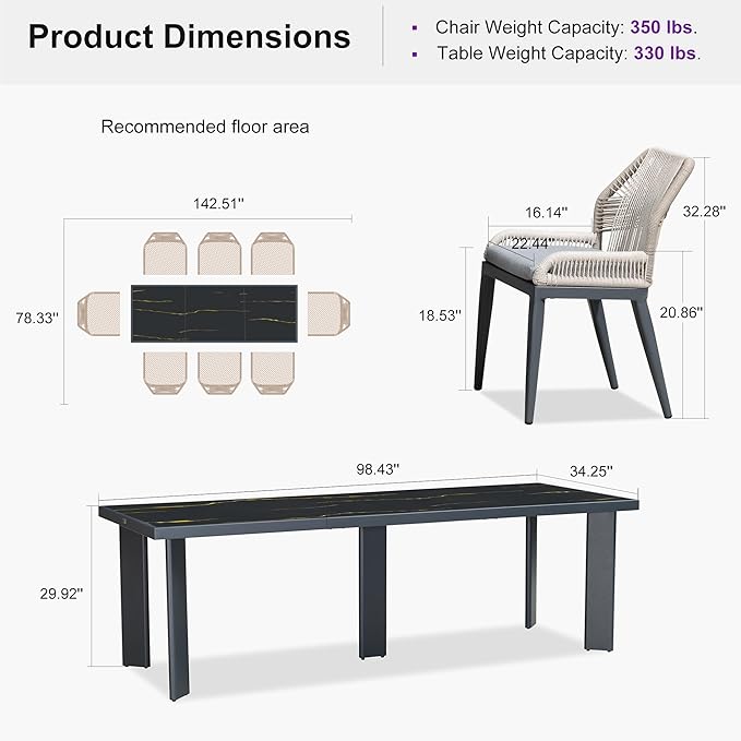 PURPLE LEAF 9 Pieces Patio Dining Set Aluminum Rectangular Table and Wicker Chairs with Cushions for Kitchen Porch Garden Modern Outdoor Furniture Sets, Dark Grey