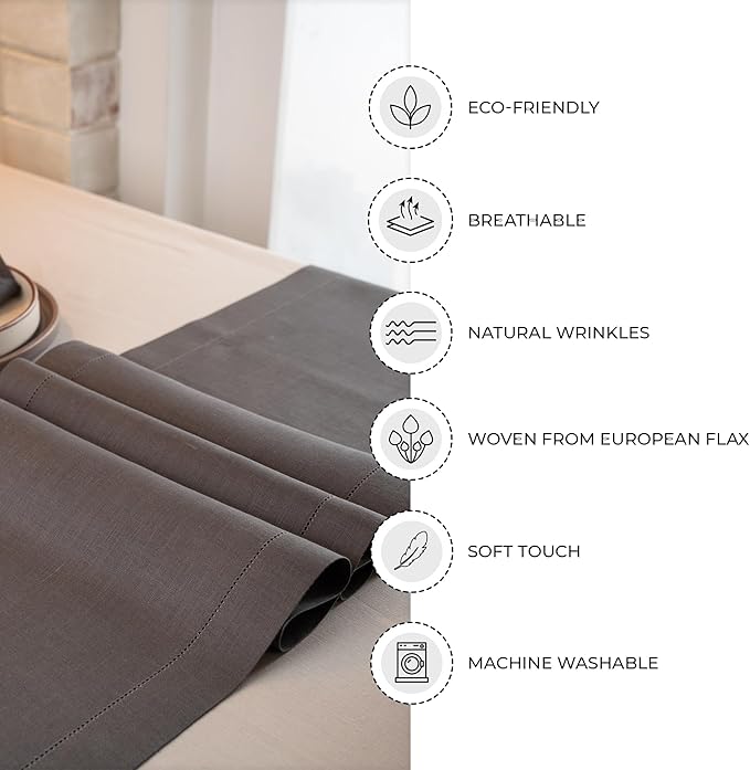 D'Moksha Homes Linen Charcoal Grey Table Runner 36 Inches - 100% Pure Linen Small Table Runner 14 x 36 Inch Ideal for Dresser, Coffee Tables, Spring, Easter - Classic Hemstitch