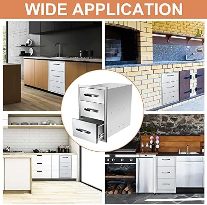 BBQ Outdoor Kitchen Drawers Stainless Steel 3-Drawer BBQ Drawer Enclosed Built-in Drawer Flush Mount for Outdoor Kitchens & BBQ Islands,14Wx21Dx21H
