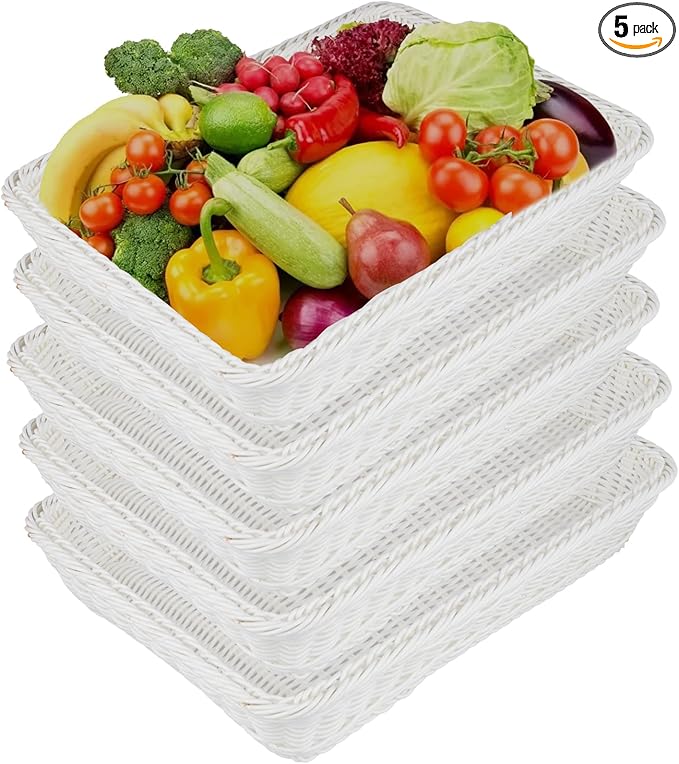 5 Pack Poly Wicker Bread Baskets 15.7x11.8x2.8 Inch, Restaurant-Grade Food Display Trays, Moisture-Resistant for Kitchen Storage/Tabletop Serving/Hotel Buffet (White)
