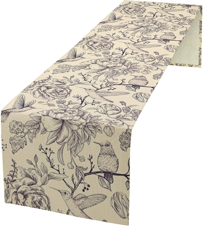 Retro Floral Bird Table Runner,Vintage Boho Rose Flower Birds Table Runner for Kitchen Dining Table Holiday Farmhouse Home Party Decor 13x108in