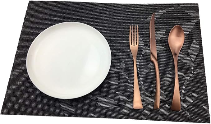 Gugrida Place Mats PVC Set of 6, Table Placemats Set of 6 PVC Woven Vinyl Place Mats Table Mats Natural Color (6 pcs, Black Leaves)