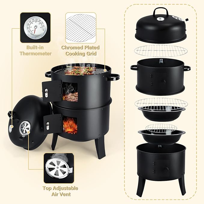 TCFUNDY 32" Vertical Charcoal Smoker Grill, Heavy-Duty BBQ Grill with Built-in Thermometer, 3 in 1 Grill and Smoker, Portable Meat Cooker with Air Vent for Outdoor Barbecue Cooking