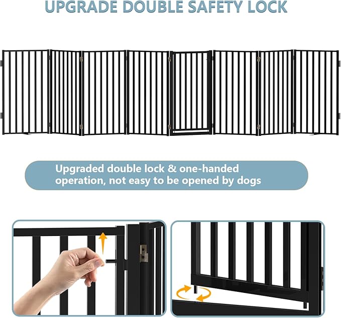Full Metal Freestanding Dog Gates with Door, 32" Height Dog Fences for Indoor & Outdoor, Extra Wide Foldable Pet Gates for Stairs, Hallways, Doorways, Yard (8 Panels, 160" W × 32" H)