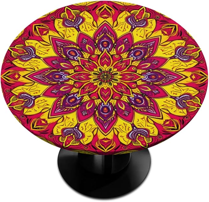 Floral Mandala Vintage Round Table Cloth Cover, Elastic Edge Waterproof Wipeable Tablecloths 45"-56" Polyester Tablecloth for Party Restaurant Banquet Holiday Camping Outdoor Picnic
