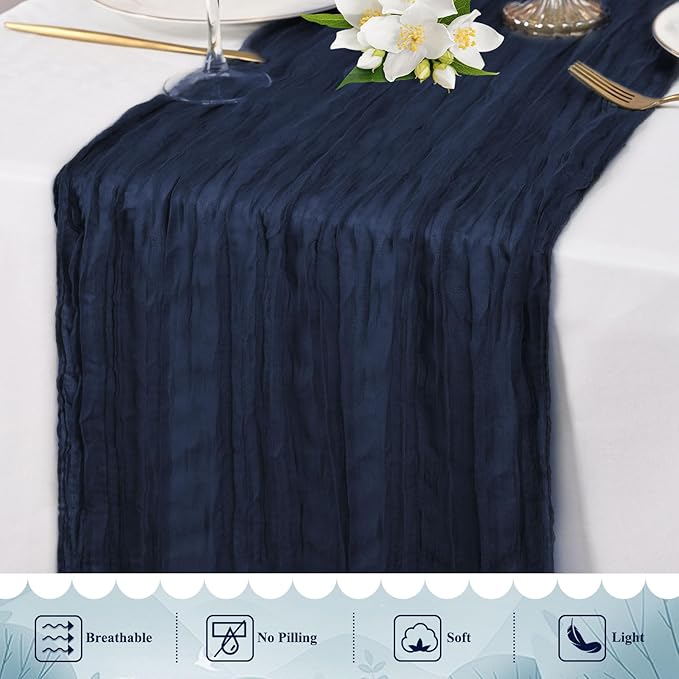 8 Packs Navy Blue Cheesecloth Table Runner 10FT Long Boho Gauze Fabric Table Runner Vintage Rustic Sheer Runners for Wedding Party Bridal Baby Shower Table Decorations
