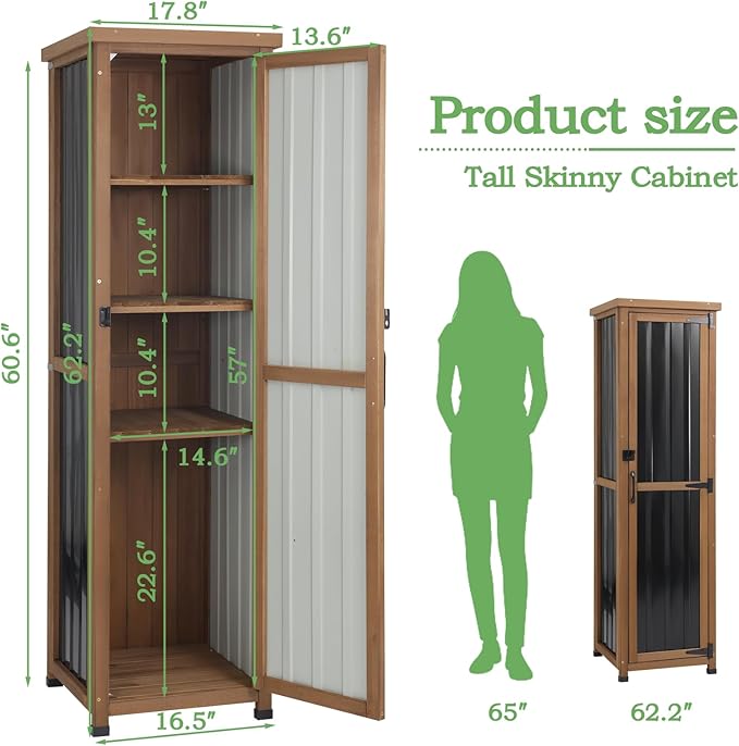 PetsCosset 62" H Narrow Outdoor Storage Cabinet with Metal Top, Outdoor Indoor Storage Cabinet Waterproof with Adjustable Shelves for Corner, Patio, Garden, Porch, Laundry Room or Entryway Storage