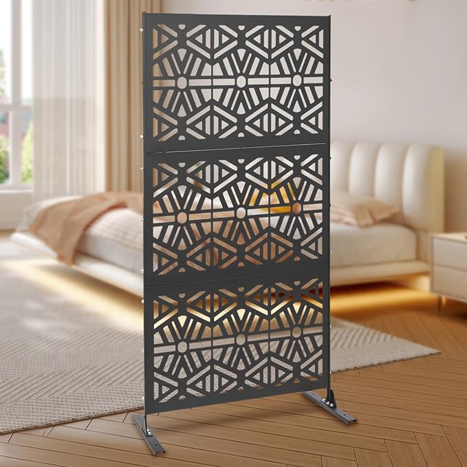 75" H×35" W Decorative Outdoor Privacy Screen with Stand, Outdoor Decor Privacy Fence Screen Metal Fence Panels, Free Standing Metal Divider for Patio Lawn Deck (Black-Rhombus)