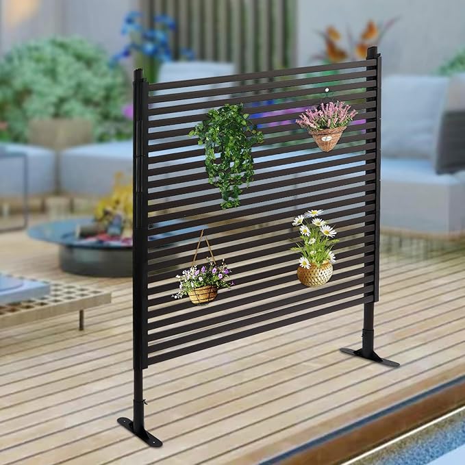 Outdoor Privacy Screens Freestanding, 47" W x 59" H Metal Slatted Decorative Screen and Panels with Stand, Brown Backyard Privacy Panels for Garden Patio