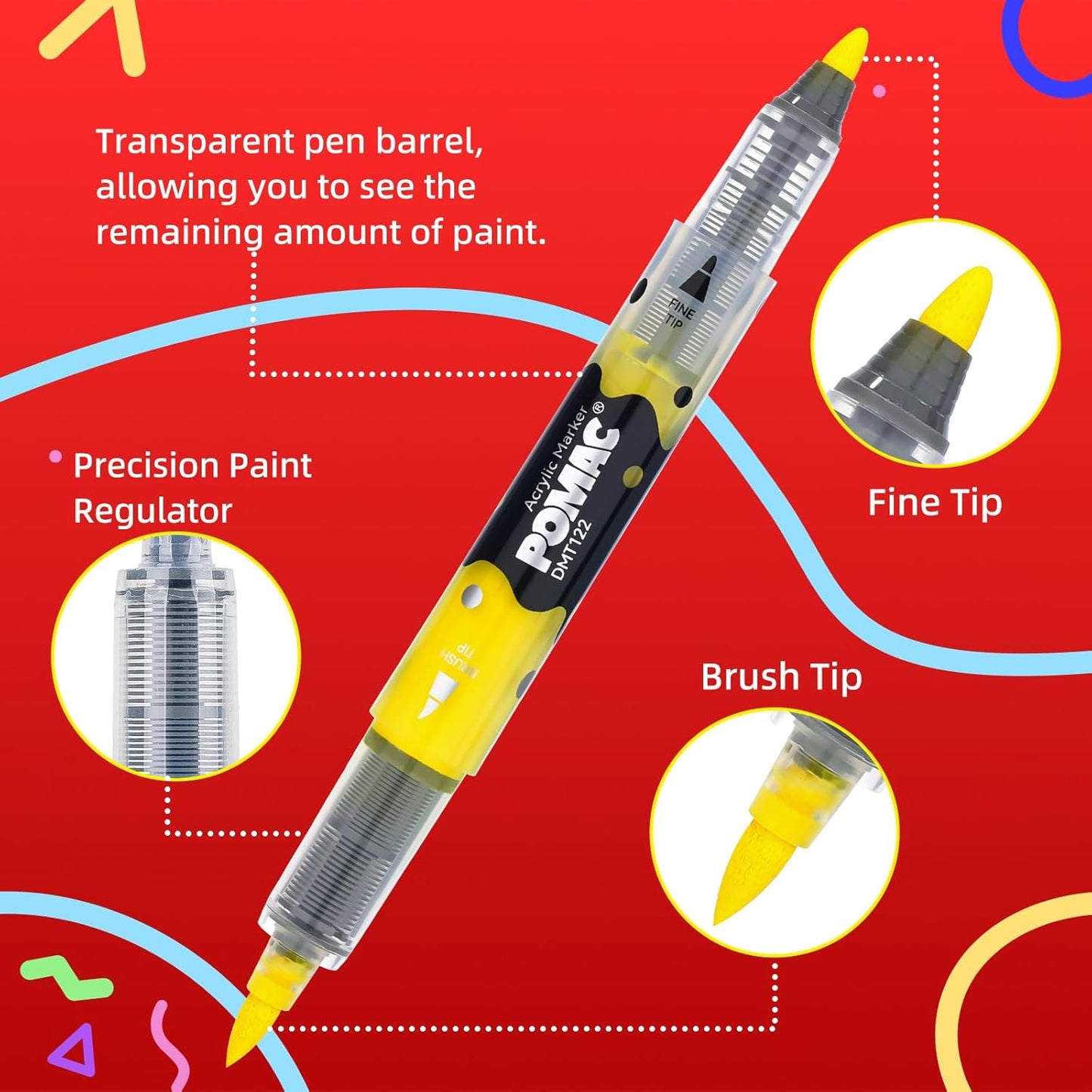 POMAC Dual Tip Acrylic Paint Markers Pens 24 Assorted Colors, Direct Liquid Acrylic Marker with Brush & Fine Tip, Water-Based Paint Marker for Fabric, Canvas, Rock, Glass, Wood, Crafts, Art Supplies