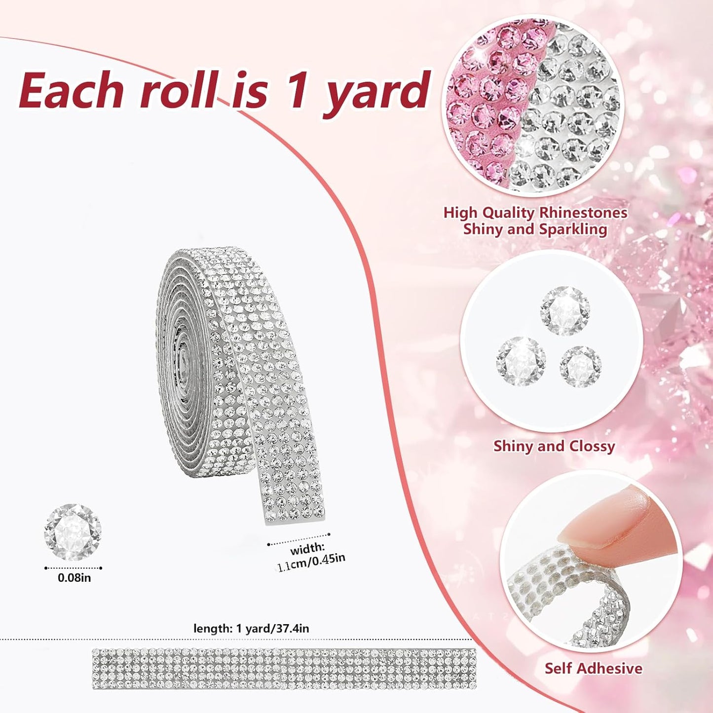10-Yard Bedazzling Strips, 5-Rows Rhinestone Ribbon Self Adhesive,10-Rolls Rhinestone Strips for DIY Craft, Rhinestones for Crafting, Home Decor and Special Events, 10 Colors, 0.45inch Width