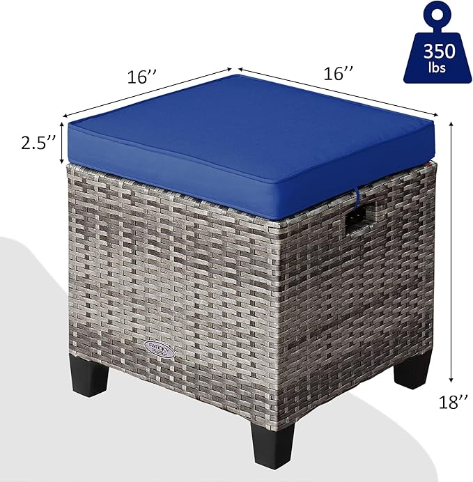 Tangkula 2 Pieces Patio Rattan Ottomans, Outdoor Wicker Footstool Footrest Seat with Soft Cushions and Steel Frame, All-Weather Patio Ottoman Set for Backyard Garden Poolside