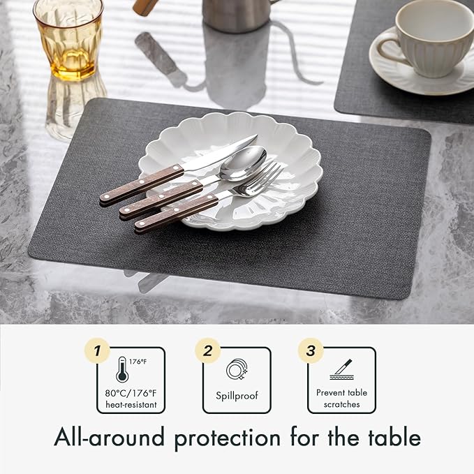 Faux Leather Placemats Set of 6 Vinyl Washable Wipeable Table Mats for Kitchen Dining Table Heat Resistant Waterproof Modern Indoor/Outdoor Placemats Non-Slip Easy Clean Place Mats (Midnight)