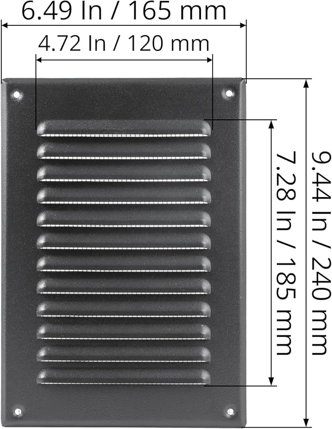 Square Ventilation Grille / 5" x 7" Inch Inside Measurement/Black Metal Air Vent Louver - Inside/Outside use / 6.5" x 9.5" Inch Outer Measurement