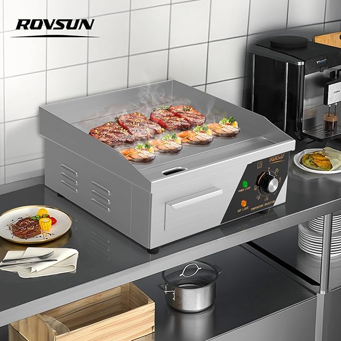 ROVSUN 14" Electric Countertop Flat Top Griddle, 1500W Electric Griddle, Teppanyaki Grill Stainless Steel with Adjustable Temperature Control 122°F-572°F for Home Restaurant Commercial