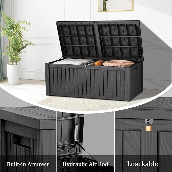 210 Gallon Outdoor Storage Box - Waterproof Patio Deck Box for Outside Deliveries, All-Weather Resin Bin with Lock for Cushions & Tools, Black