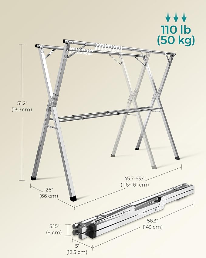 SONGMICS Clothes Drying Rack, Heavy-Duty Laundry Drying Rack, 45.7-63.4 Inches Extendable, Foldable Freestanding Airer, Stainless Steel, for Indoor Outdoor Use, Dove Gray ULLR901E01