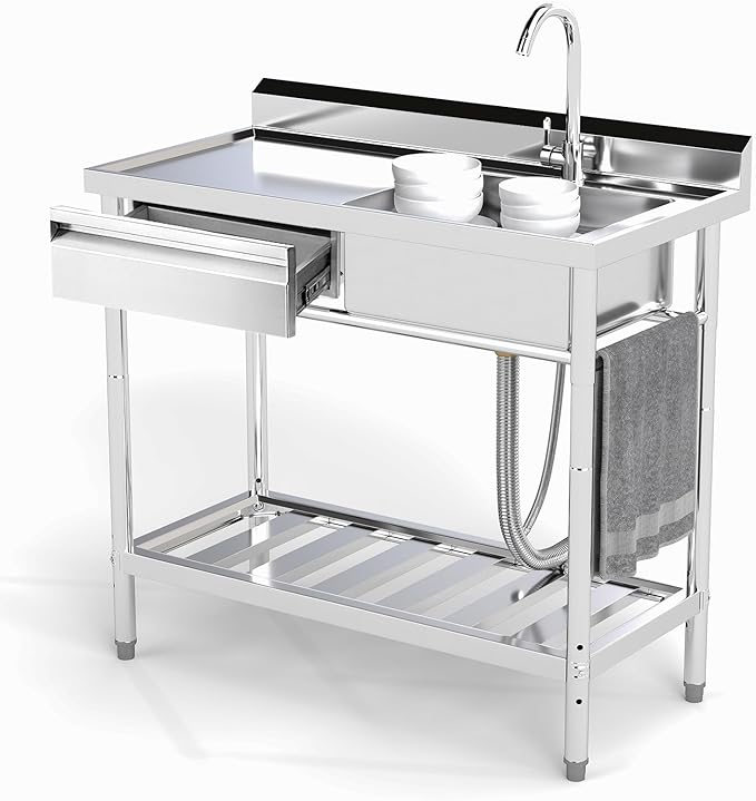 Stainless Steel Utility Sink, 39'' Free Standing Single Bowl Kitchen Sink with Drawer, Cold and Hot Water Pipe, Indoor and Outdoor for Laundry Room Farmhouse Kitchen(39 inch)