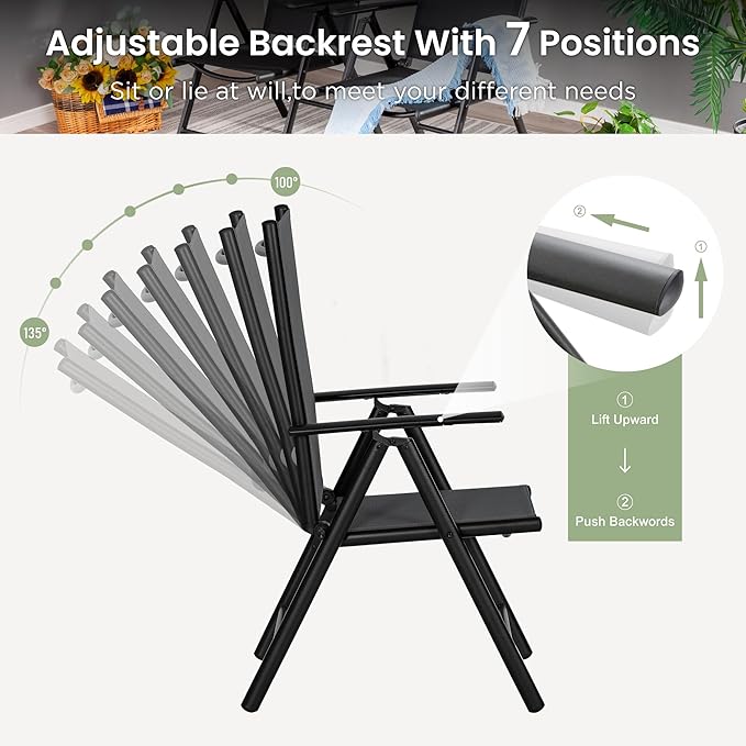 PHI VILLA Outdoor Patio Dining Set for 4, Patio Table and Chairs Set with Folding Patio Chairs & Square Wood Like Top Table for Garden, Deck and Lawn, Black