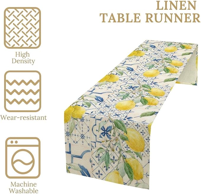 Vintage Lemon Table Runner, Watercolor Yellow Lemons Blue Tiles Spring Summer Seasonal Kitchen Dining Table Decoration for Indoor Outdoor Party, 13x120inch