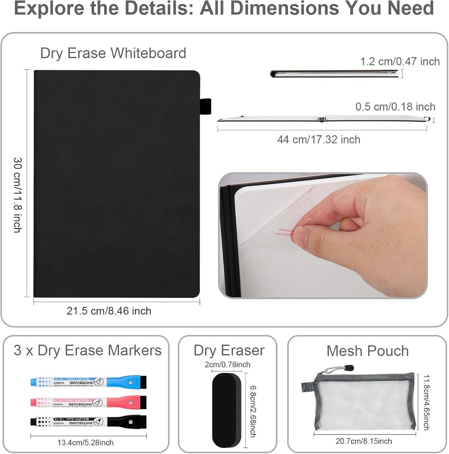 AGM Portable White Board Dry Erase Notebook, 12" x 9" Double Sided Folding Whiteboards with 3 Pens, Small Travel Dry Erase Board Skin-Friendly Material for Study, Meeting, Planning, Dark
