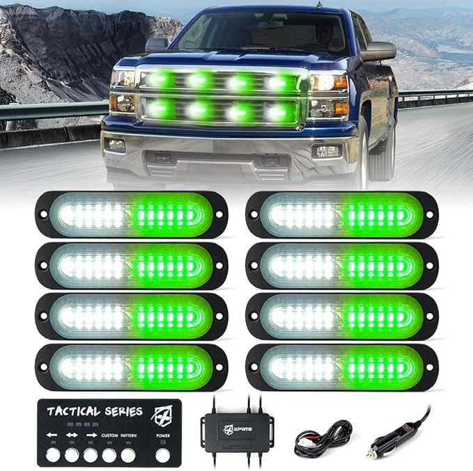 Xprite White Green LED Surface Mount Strobe Lights Kit, w/Control Panel Emergency Safety Warning Flashing Grille Cop Marker Light Assembly for Vehicles Trucks ATV UTV Motorcycle 8PCS