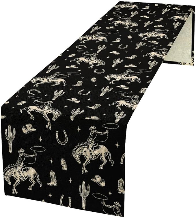 Vintage Western Cowboy Table Runner, Wild West Cowboy Riding Horse Desert Cactus Themed Table Runner for Home Kitchen Dining Party Farmhouse Cafe Outdoor 13x108in
