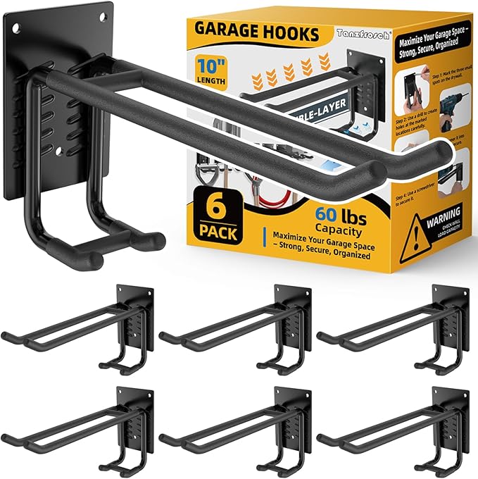 6 Pack Garage Hooks 10 INCH Heavy Duty Double-Layer Steel Shed Wall Mount Workshop Garage Storage Tool Organizer Hooks for Hanging Garden Tool, Hose, Ladder, Chairs, Bikes with Anti-Slip Coating