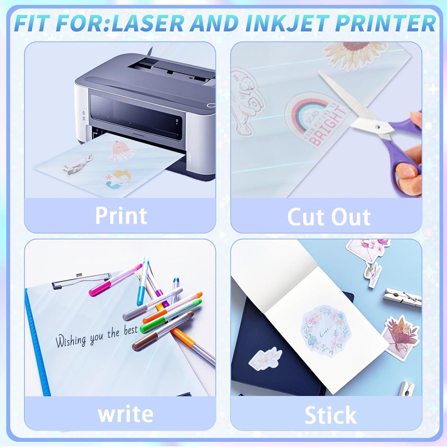 20 Sheets Printable Holographic Sticker Paper,11 x 8.5 Inches Printable Waterproof Paper Rainbow Vinyl Sticker Paper for Inkjet or Laser Printer（Laser oblique light column）