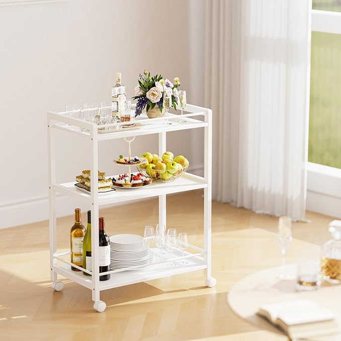 HITNET White Bar Cart, Home Bar Serving Cart, Kitchen Trolley on Wheels with Storage, 3 Tier Rolling Beverage Cart for Living Room Kitchen Home Office