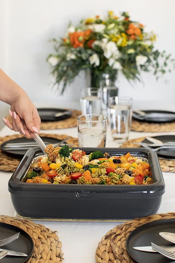 Fancy Panz - Charcoal Classic Aluminum Foil Pan Carrier with Lid - Elevated Food Serving Tray - Portable Casserole Carrier with Lid - Made in The USA Hosting Essentials