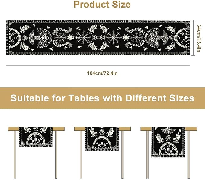Viking Table Runner, Black Viking Tree of Life Raven Helmet of Awe Table Runner for Kitchen Dining Home Party 13x90in