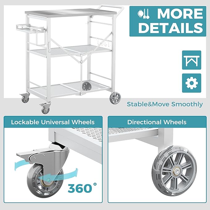 Ciokea Folding Outdoor Grill Cart with Wheels, 3-Shelf Grill Table with 27x18 inch Stainless Steel Top, Rolling Pizza Oven Stand, Metal Portable Cart for BBQ Patio Camping (White)