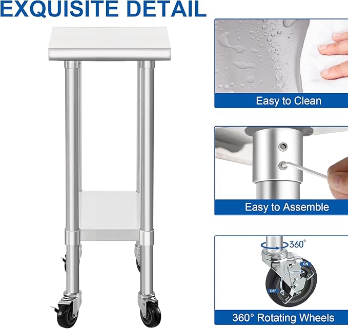 HARDURA Stainless Steel Commercial Table Prep & Work Table with Casters Heavy Duty Metal Table with Wheels NSF 430 24×12 Inches