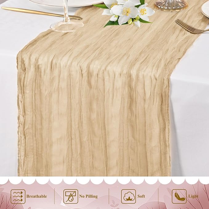 8 Packs Cheesecloth Table Runner 10FT Long Boho Gauze Fabric Table Runner Vintage Rustic Sheer Runners for Wedding Party Bridal Baby Shower Table Decorations (Beige )