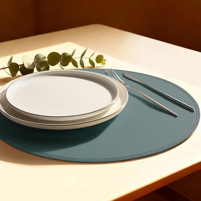 Round Vinyl Blue Placemats Set of 6, Faux Leather Waterproof Wipeable Heat Resistant Place Mats, Washable Table Mats for Halloween, Thanksgiving & Christmas Dinner(Light Blue)