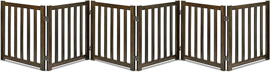 LZRS 6-Panel Extra-Wide Freestanding Wooden Dog Gate Indoor – 24”High Foldable Safety Pet Barrier for Doorways, Hallways, Kitchens, Durable Design fit Small to Medium Dogs, Walnutl