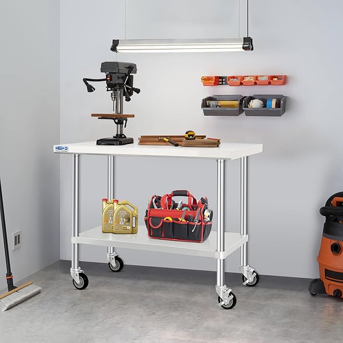HARDURA Stainless Steel Table with Wheels 24 x 48 Inches Kitchen Prep Table Heavy Duty Stainless Steel Workbench with Aluminium Corner Undershelf NSF 304 Metel Table for Commercial Restaurant