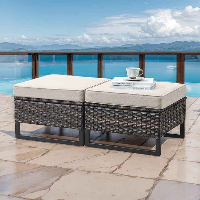 HUMMUH Outdoor Ottomans for Patio Set of 2 PE Wicker Outdoor Footstool with Removable Weather-Resistant Cushions for Patio, Backyard