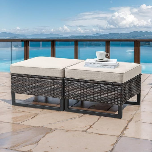 HUMMUH Outdoor Ottomans for Patio Set of 2 PE Wicker Outdoor Footstool with Removable Weather-Resistant Cushions for Patio, Backyard