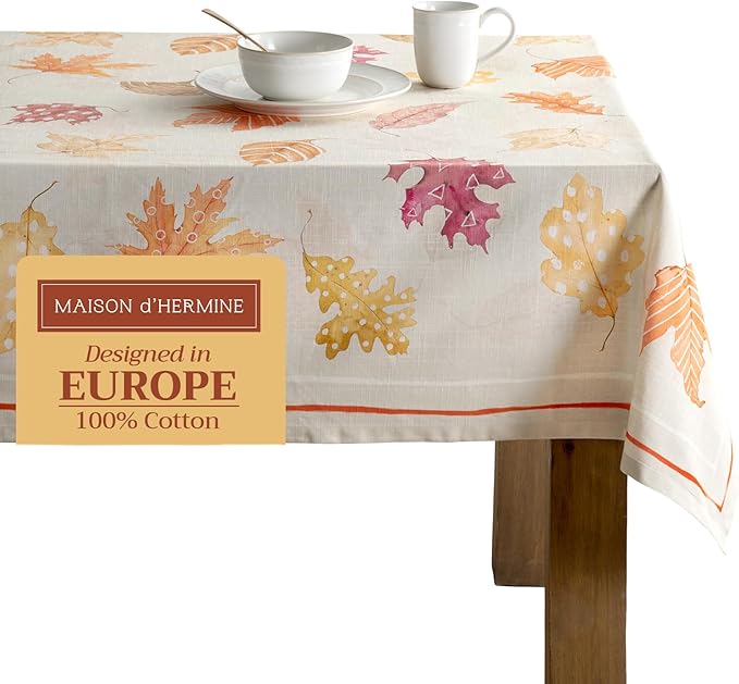 Maison d' Hermine Table Cloth Rectangle Table 100% Cotton 70 x 108 Inches Fall Tablecloth Reusable Everyday Use for Thanksgiving Christmas Decorations Dining Farmhouse Party (Colours of Autumn)