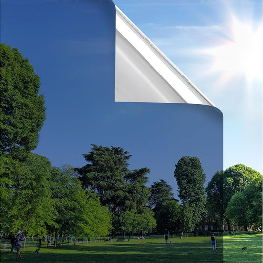 rabbitgoo Window Privacy Film One Way Window Tint for Home, Removable Reflective Heat Sun Blocking Anti UV Glass Door Covering, Mirror Tinting Film House Office, 35.4 in X 32.8 Feet, Blue Silver