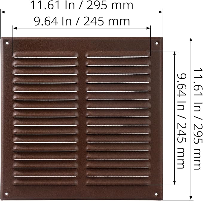 Square Ventilation Grille / 10" x 10" Inch Inside Measurement/Brown Metal Air Vent Louver - Inside/Outside use / 11.6" x 11.6" Inch Outer Measurement