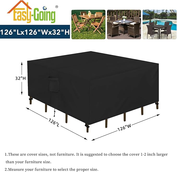 Easy-Going Square Patio Furniture Cover Waterproof Outdoor Dining Table and Chair Cover Anti-UV Outside Sectional Sofa Set Covers (126"L x 126"W x 32"H, Black)