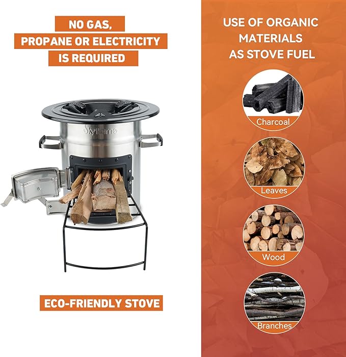 Skyflame Camping Rocket Stove, Stainless Steel Wood Burning Stove Portable Camping Gear for Outdoor Backpacking Emergency RV Survival