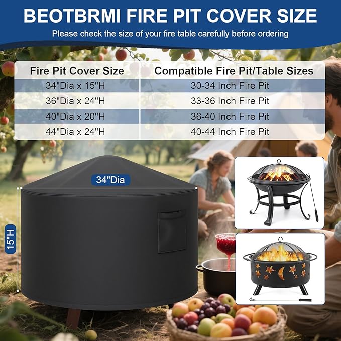 Fire Pit Cover, 34 Inch Round Fire Pit Cover for Wood Burning Fire Pits & Fire Bowl with Spark Screen, Heavy Duty Waterproof with Straps and Built-in Vents, Suit for 30-34 Inch Fire Pit